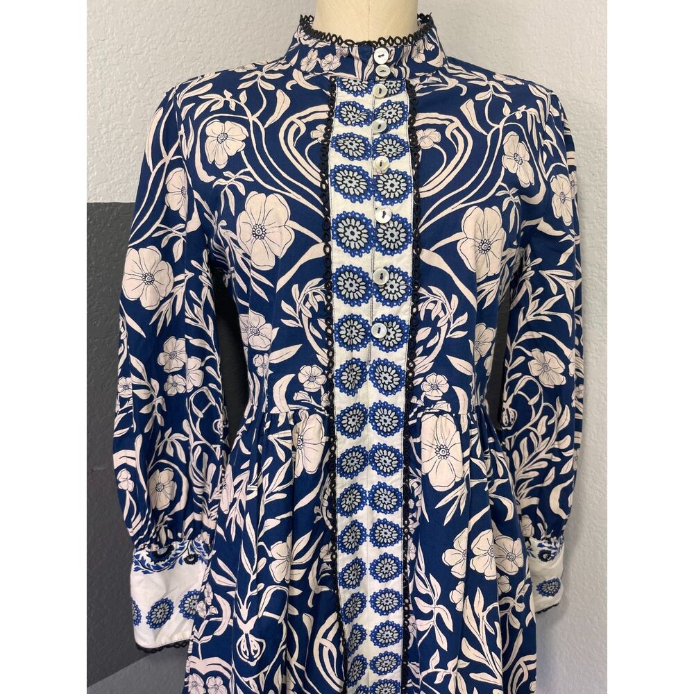 Beyond by Vera Nella Blue Ivory Floral Cotton Mini Dress S Resort Coastal Artsy - Picture 3 of 14